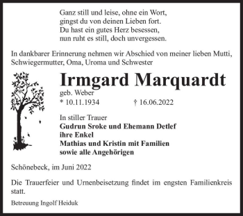 Traueranzeige von Irmgard Marquardt (geb. Weber)  von Magdeburger Volksstimme