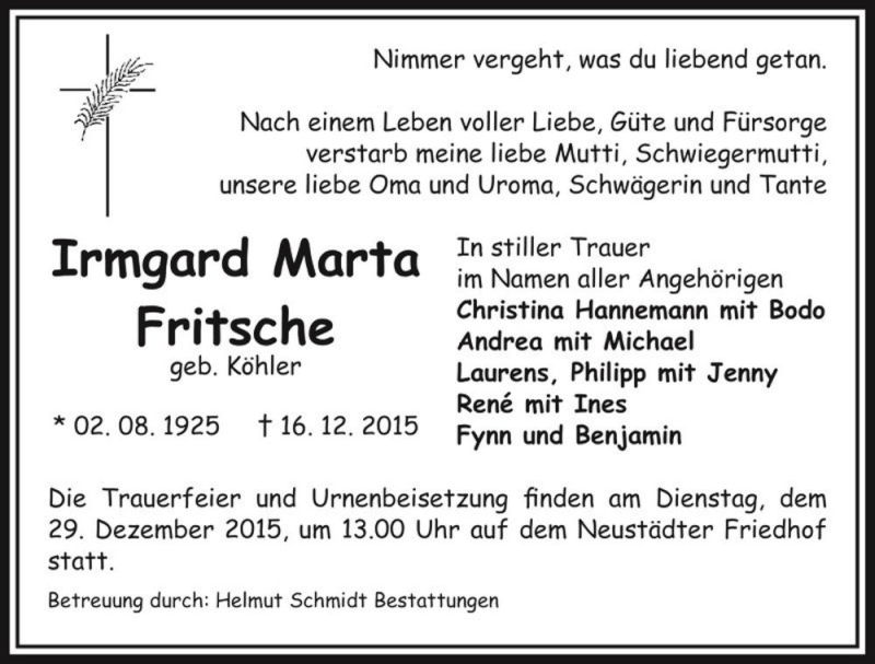  Traueranzeige für Irmgard Marta Fritsche (geb. Köhler)  vom 19.12.2015 aus Magdeburger Volksstimme