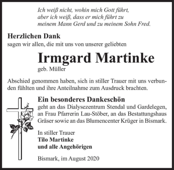 Traueranzeige von Irmgard Martinke (geb. Müller)  von Magdeburger Volksstimme