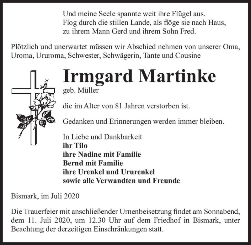  Traueranzeige für Irmgard Martinke (geb. Müller)  vom 04.07.2020 aus Magdeburger Volksstimme