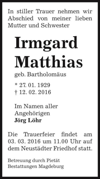 Traueranzeige von Irmgard Matthias (geb. Bartholomäus)  von Magdeburger Volksstimme