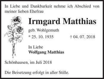 Traueranzeige von Irmgard Matthias (geb. Wohlgemuth)  von Magdeburger Volksstimme