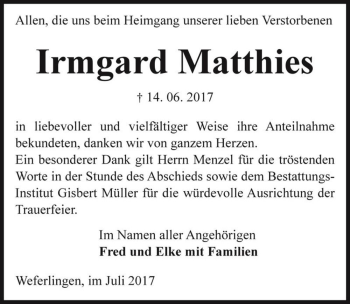 Traueranzeige von Irmgard Matthies  von Magdeburger Volksstimme