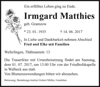 Traueranzeige von Irmgard Matthies (geb. Gramzow)  von Magdeburger Volksstimme