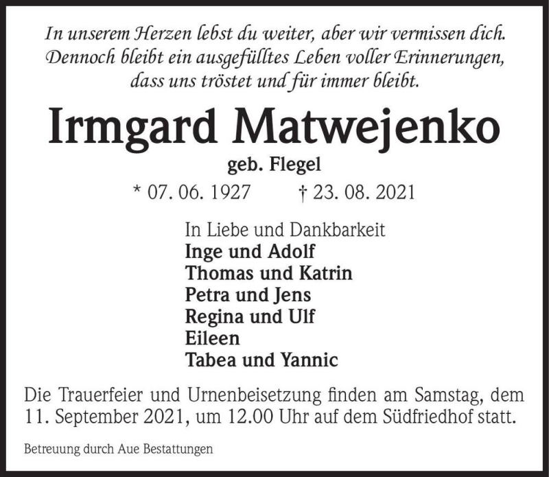  Traueranzeige für Irmgard Matwejenko (geb. Flegel)  vom 04.09.2021 aus Magdeburger Volksstimme