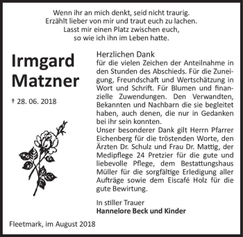 Traueranzeige von Irmgard Matzner  von Magdeburger Volksstimme