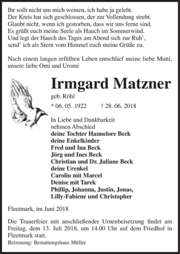 Traueranzeige von Irmgard Matzner (geb. Röhl)  von Magdeburger Volksstimme