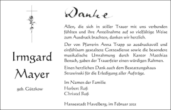 Traueranzeige von Irmgard Mayer (geb. Gützkow)  von Magdeburger Volksstimme