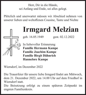Traueranzeige von Irmgard Melzian  von Magdeburger Volksstimme