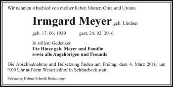 Traueranzeige von Irmgard Meyer (geb. Lindner)  von Magdeburger Volksstimme