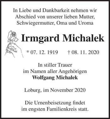 Traueranzeige von Irmgard Michalek  von Magdeburger Volksstimme