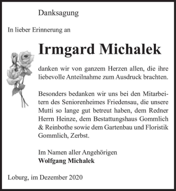 Traueranzeige von Irmgard Michalek  von Magdeburger Volksstimme