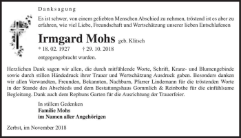 Traueranzeige von Irmgard Mohs (geb. Klitsch)  von Magdeburger Volksstimme