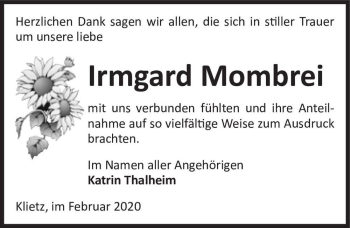 Traueranzeige von Irmgard Mombrei  von Magdeburger Volksstimme