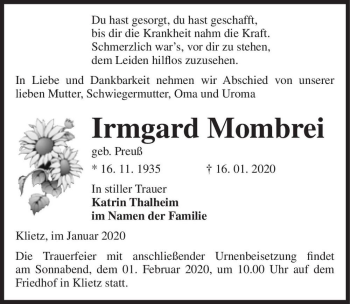 Traueranzeige von Irmgard Mombrei (geb. Preuß)  von Magdeburger Volksstimme