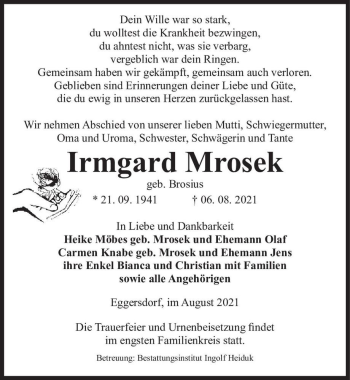 Traueranzeige von Irmgard Mrosek (geb. Brosius)  von Magdeburger Volksstimme