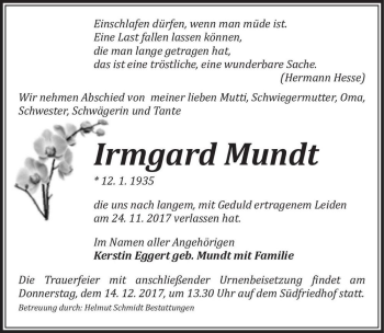 Traueranzeige von Irmgard Mundt  von Magdeburger Volksstimme