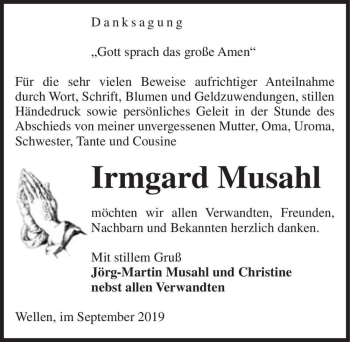 Traueranzeige von Irmgard Musahl  von Magdeburger Volksstimme