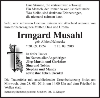 Traueranzeige von Irmgard Musahl (geb. Albien/Helmecke)  von Magdeburger Volksstimme