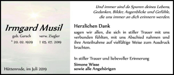 Traueranzeige von Irmgard Musli (geb. Gersch, verw. Ziegler )  von Magdeburger Volksstimme