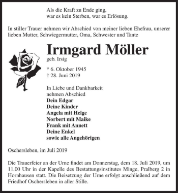Traueranzeige von Irmgard Möller (geb. Irsig)  von Magdeburger Volksstimme