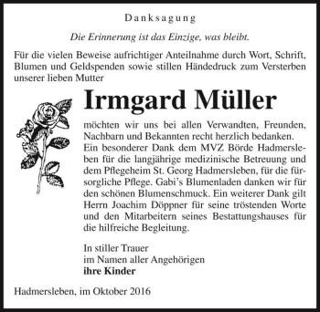 Traueranzeige von Irmgard Müller  von Magdeburger Volksstimme