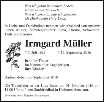 Traueranzeige von Irmgard Müller  von Magdeburger Volksstimme