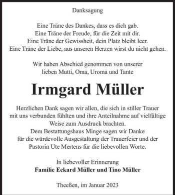 Traueranzeige von Irmgard Müller  von Magdeburger Volksstimme