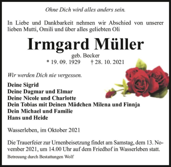 Traueranzeige von Irmgard Müller (geb. Becker)  von Magdeburger Volksstimme