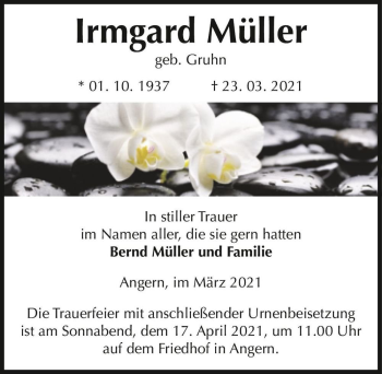 Traueranzeige von Irmgard Müller (geb. Gruhn)  von Magdeburger Volksstimme
