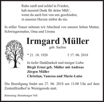 Traueranzeige von Irmgard Müller (geb. Sachse)  von Magdeburger Volksstimme