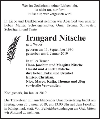 Traueranzeige von Irmgard NItsche (geb. Weber)  von Magdeburger Volksstimme