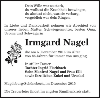 Traueranzeige von Irmgard Nagel  von Magdeburger Volksstimme