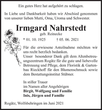 Traueranzeige von Irmgard Nahrstedt (geb. Reinecke)  von Magdeburger Volksstimme