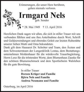 Traueranzeige von Irmgard Nels (geb. Sender)  von Magdeburger Volksstimme