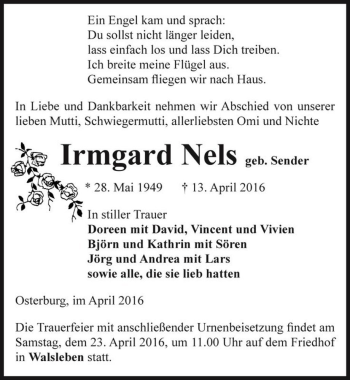 Traueranzeige von Irmgard Nels (geb. Sender)  von Magdeburger Volksstimme