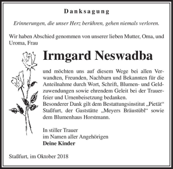 Traueranzeige von Irmgard Neswadba  von Magdeburger Volksstimme