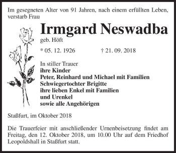 Traueranzeige von Irmgard Neswadba (geb. Höft)  von Magdeburger Volksstimme