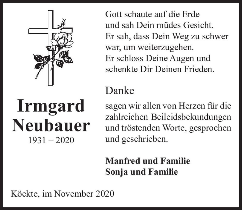  Traueranzeige für Irmgard Neubauer  vom 04.12.2020 aus Magdeburger Volksstimme