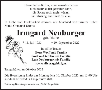 Traueranzeige von Irmgard Neuburger (geb. Frielitz)  von Magdeburger Volksstimme