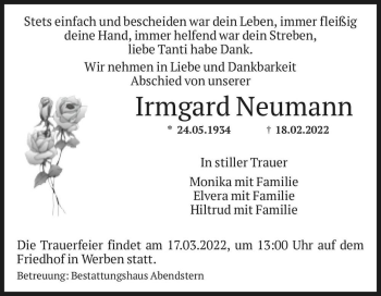 Traueranzeige von Irmgard Neumann  von Magdeburger Volksstimme