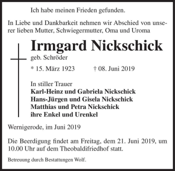 Traueranzeige von Irmgard Nickschick (geb. Schröder)  von Magdeburger Volksstimme