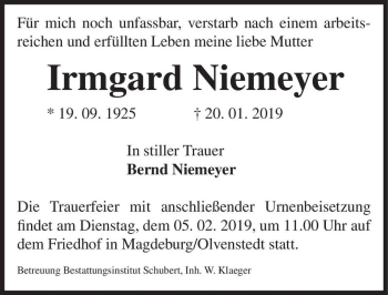 Traueranzeige von Irmgard Niemeyer  von Magdeburger Volksstimme