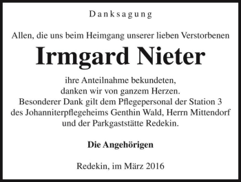 Traueranzeige von Irmgard Nieter  von Magdeburger Volksstimme