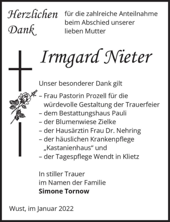 Traueranzeige von Irmgard Nieter  von Magdeburger Volksstimme