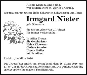 Traueranzeige von Irmgard Nieter (geb. Klowersa)  von Magdeburger Volksstimme