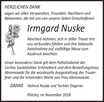 Traueranzeige von Irmgard Nuske  von Magdeburger Volksstimme