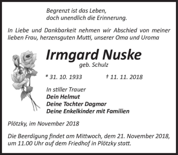 Traueranzeige von Irmgard Nuske (geb. Schulz)  von Magdeburger Volksstimme
