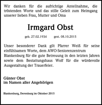 Traueranzeige von Irmgard Obst  von Magdeburger Volksstimme