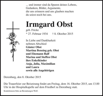 Traueranzeige von Irmgard Obst (geb. Fricke)  von Magdeburger Volksstimme